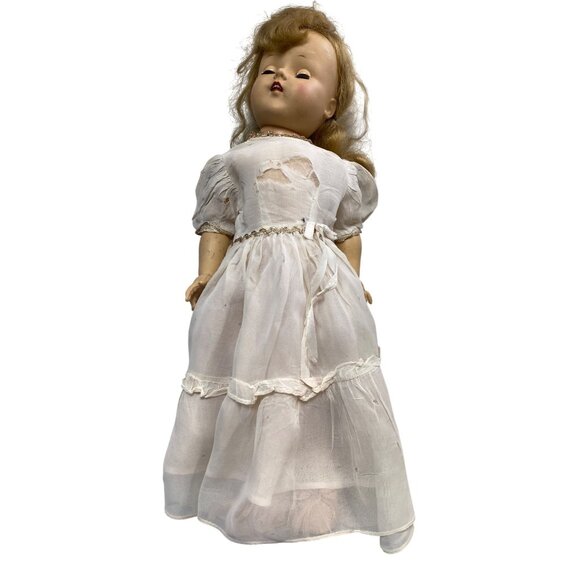 None Other - Antique Composition Doll White Dress Blue Eyes